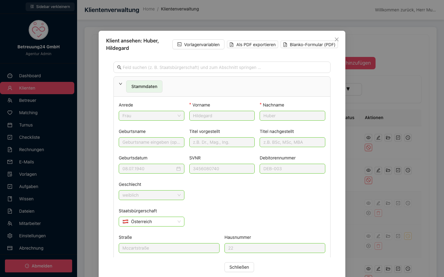 Klientenprofil mit österreichischen Stammdaten-Feldern