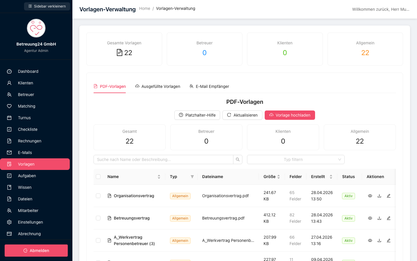 Vorlagen-Liste mit 22 echten österreichischen Dokumentvorlagen der Agentur