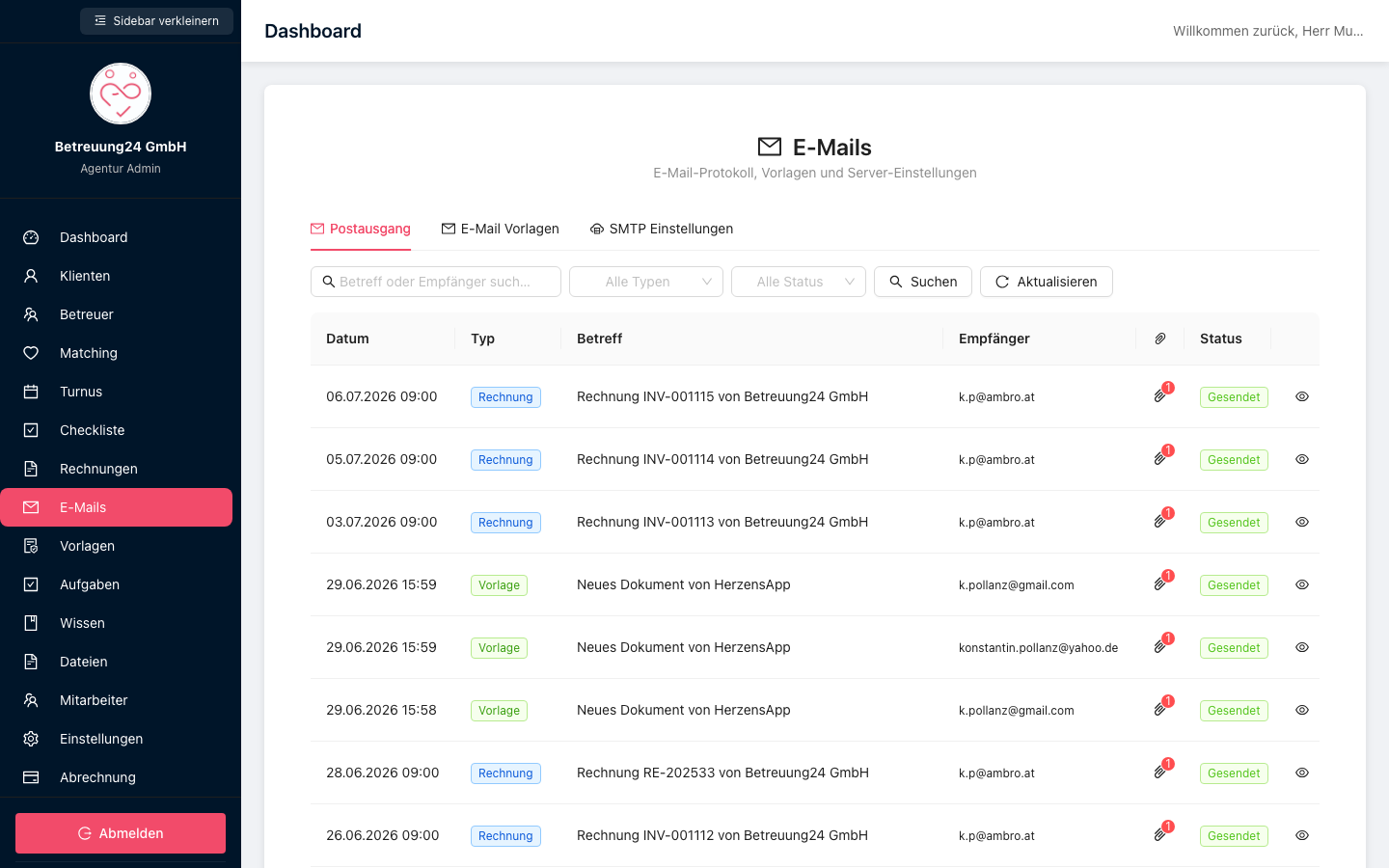 E-Mail-Protokoll: Übersicht aller versendeten Nachrichten der Agentur