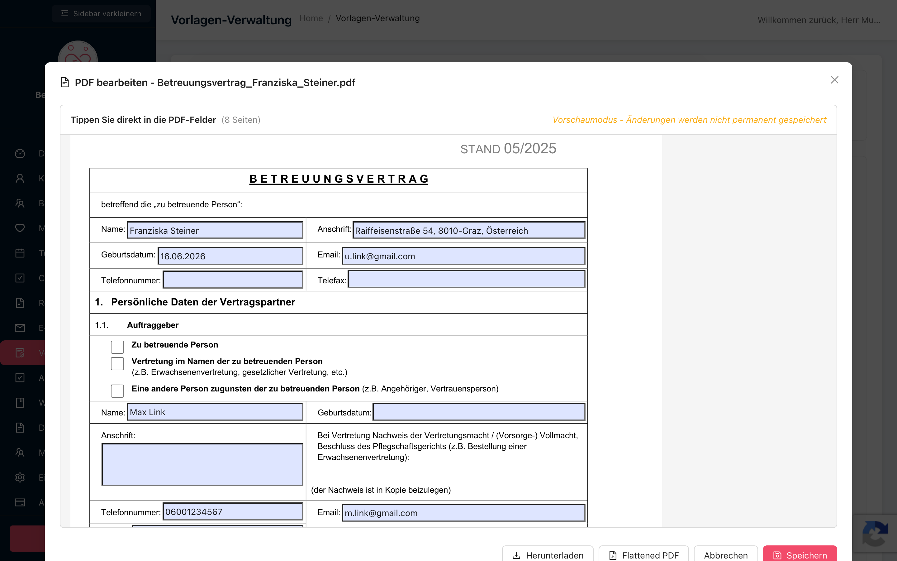 Automatisch befüllter Betreuungsvertrag in HerzensManagement im PDF-Editor
