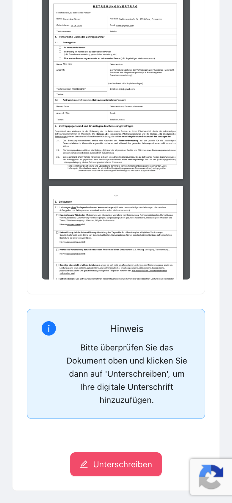 Digitale Unterschrift in Herzens Management: Unterschrifts-Seite eines Betreuungsvertrags am Smartphone