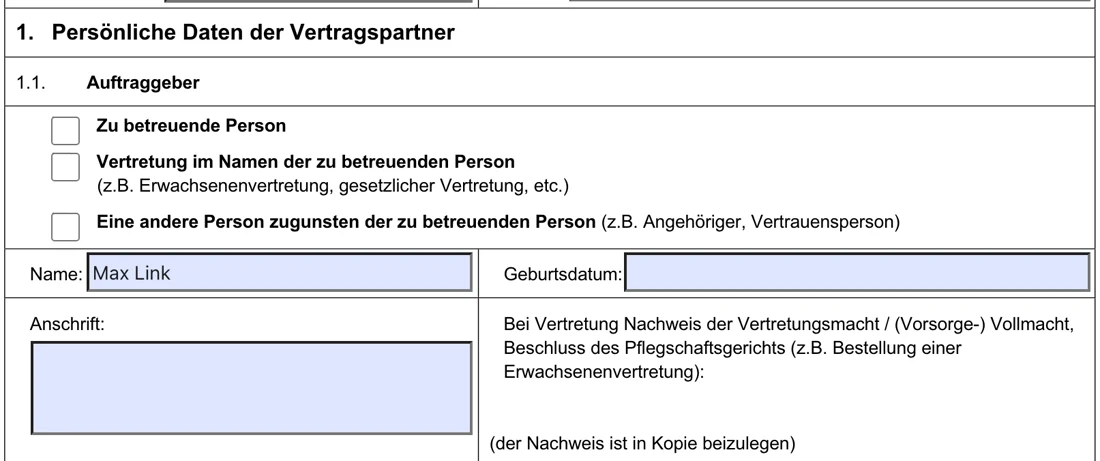 Ausschnitt aus einem befüllten Vertragsdokument: Abschnitt „Persönliche Daten der Vertragspartner