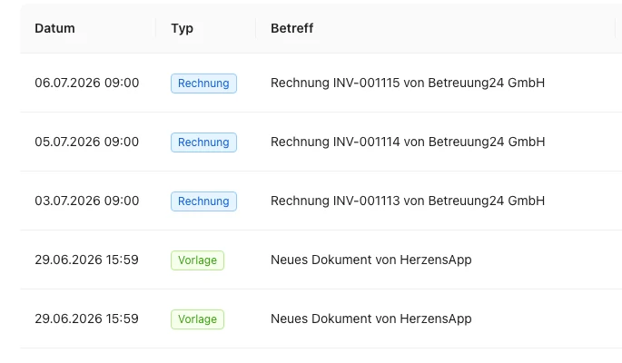 Ausschnitt des E-Mail-Protokolls: Spalten Datum, Typ und Betreff mit versendeten Rechnungen und Dokumenten